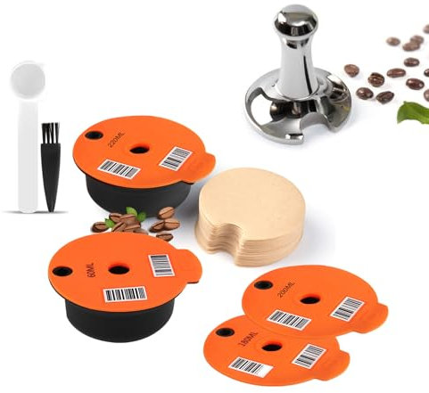Reusable Pods with Paper Filters,Reusable Coffee Capsules 60ML Silicone Lids 180ml Compatible with Machines,Readable Barcode Steel Coffee Tamper (60-180-200-220-T-50F)