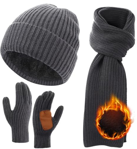 BUTITNOW Gorro de gran tamaño L/XL/XXL para cabezas grandes, gorro cálido de invierno, guantes de pantalla táctil, bufanda de cuello largo, Gris oscuro, XL/XXL