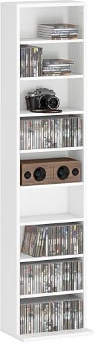HOMCOM Estantería para CDs y DVDs Soportes para CD Estrechos con 9 Compartimentos Estantes Ajustables para Salón Oficina 33x24x140 cm Blanco
