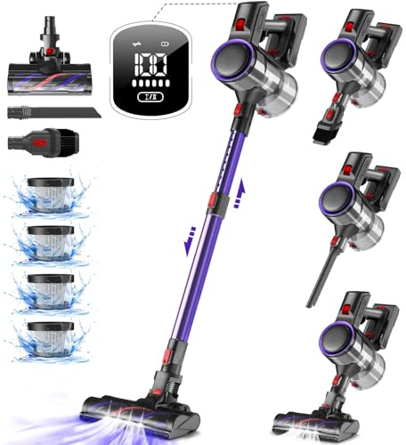 Authmic Akku Staubsauger, 45000Pa/50Mins Staubsauger Kabellos mit Touchscreen, H13 HEPA, Anti-Tangle-Bürste, für Hartböden, Teppich, Tierhaare