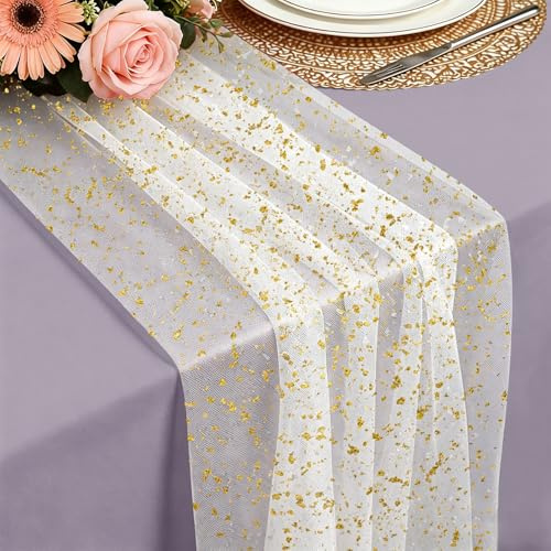 Foatcox Chemin de Table Or, 75 x 300 CM Léger et Fluide Tulle Feuille d’Or Chemin de Table, pour Mariages Bohèmes, Anniversaires, Noël, Le Nouvel an et la Décoration de Table et Arches