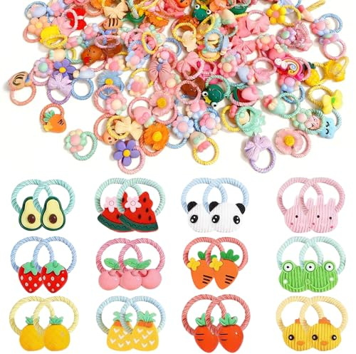 Haargummis Mädchen, 100 Stück Baby Haargummi, Süße Zopfgummis für Mädchen Elastische Bunte Haargummis Set mit Schleifen Tier Blumen und Obstmustern