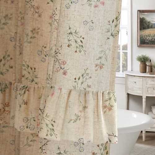Floral Farmhouse Vintage French Country Ruffle Linen Shower Curtain 72Wx72H