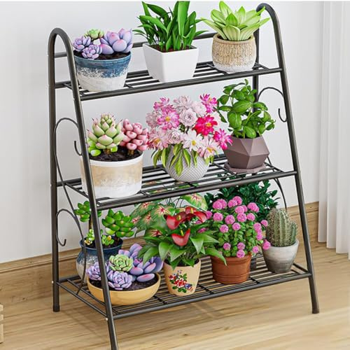 BonHaus Support de Plantes intérieur à 3 Niveaux en métal,étagère à Plantes en escalier avec 9 à 12 Pots,Industrielle,Présentoir à Plantes Légère pour Jardin,Balcon,Parlor(69X63X31cm,Noir)