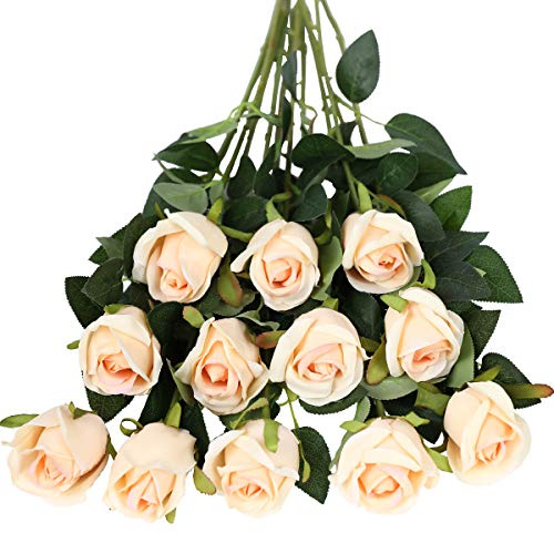 Tifuly Artificial Flowers,12 Pcs Single Long Stem Fake Rose Silk Flowers Faux Rose Bridal Bouquet Realistic Flower for Wedding Party Home Table Decoration Centerpieces(Bud Roses,Color Champagne)