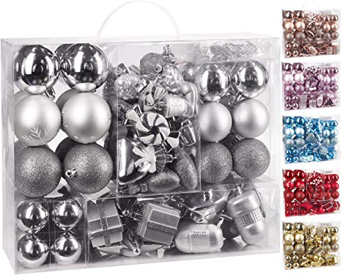 BRUBAKER 77-teiliges Set Weihnachtskugeln Christbaumschmuck - Kunststoff Silber
