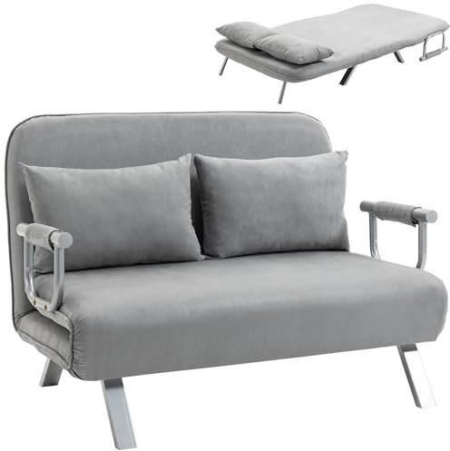 HOMCOM Canapé-lit 2 Places, Fauteuil Convertible avec Dossier réglable en 5 Positions, Chaise Longue avec 2 Coussins Inclus, canapé en revêtement Aspect suède déhoussable, 111x80x78cm, Gris Clair