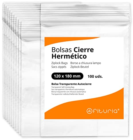 Bolsas con Cierre Hermético de Plástico Transparentes Ideales para Congelar Alimentos, Guarda Documentos, Bolsas Reutilizables y de Conservación - Ofituria (100 Bolsas, 120 x 180 mm)