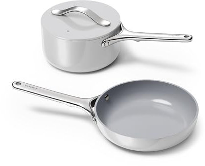 Caraway Mini Cookware Set - Non-Stick Ceramic Fry Pan (1.05 qt, 8) Sauce Pan (1.75 qt) & Storage Rack - Non Toxic, PTFE & PFOA Free - Oven Safe & Stovetop Agnostic (Gas, Electric & Induction) - Gray