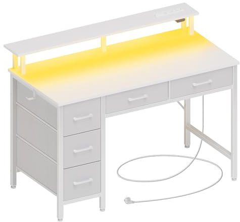 Seventable Computer Desk with Power Outlets & LED Light, 47 inch Home Office Desk with 5 Drawers, Writing Desk with Monitor Stand, Work Desk for Home Office, White