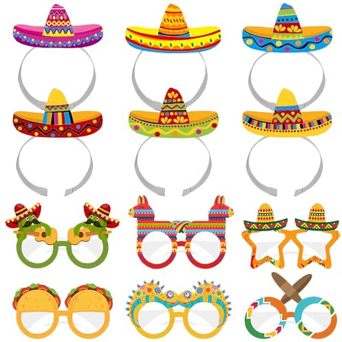 Lets Joy 6 Pièces Chapeaux de Fête Sombrero, 6 Pièces Lunettes de Fête Hawaïennes, Sombrero Bandeau Mexicain, Cinco De Mayo Sombrero Mexicain Bandeaux Aloha Carnaval Accessoires
