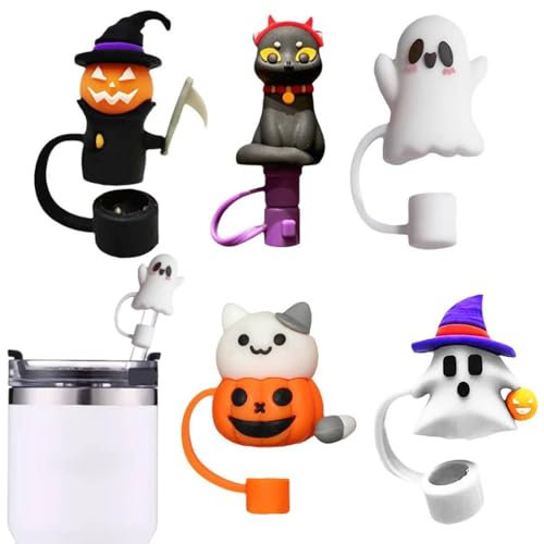 5Pcs 3D Halloween Straw Cover Cap for Stanley Cup, Silicone Skull Ghost Straw Topper Compatible with 30&40oz Tumbler with Handle,10mm 0.4in Dust-Proof Reusable Straw Tips Lids (5Pcs -Mix)