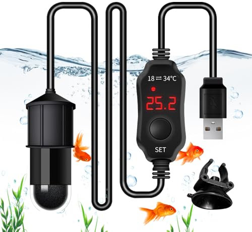 HIULLEN Mini Aquarium Heizung, Aquarium Heizstab mit LED-Anzeige, Aquarien Regelheizer 10W 5V 2A USB, Temperatur Einstellbare Aquarium Heizer mit Saugnäpfen für 4L Aquarien