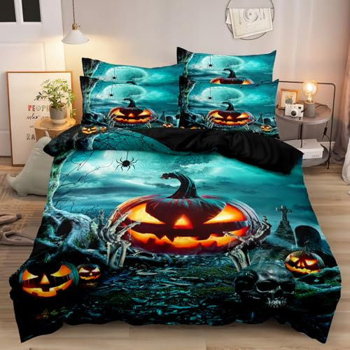 DXHOME Bettwäsche Halloween 135x200 Kürbis Laterne Muster Skull 3D Gedruckt Wendebettwäsche 2teilig Mikrofaser Pflegeleicht Mädchen Bettbezug mit Reißverschluss + 1 Kissenbezug 80x80 cm