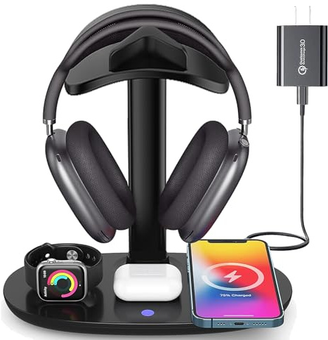 Airpod Max Charger Stand with 15w Wireless Charger, Suguder 4 in 1 Headset Holder for Apple Accessories Charging with AirPods Max/Pro/iWatch/iPhone/Vision Pro, Headphones Stand for Desk Organizer