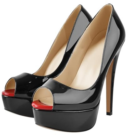 blingqueen Peep Toe Slingback Platform Pumps Slip On Stilettos Metallic Pumps Sexy 6.3 Inch Heels for Women Platform Sandals Backless Open Toe Heels Black Red Pumps Bridal Party Shoes Size 8