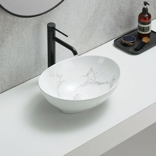 Milano Altham Marble Effect Oval Countertop Bathroom Basin Sink - 405mm x 330mm