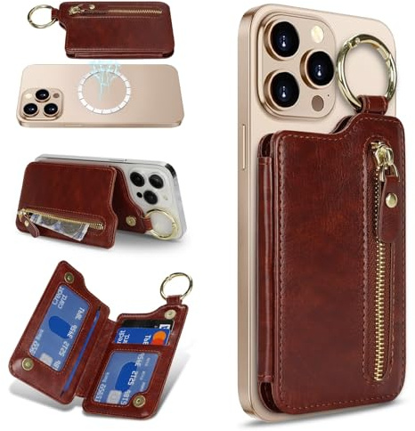 Zouzt für MagSafe Wallet, Magnetischer Handy Kartenhalter Reißverschluss, Zipper Wallet mit verstellbarem Ständer, Ring Schlüsselanhänger for iPhone 16e/16 Pro Max/15/14/13/12, Dunkelbraun
