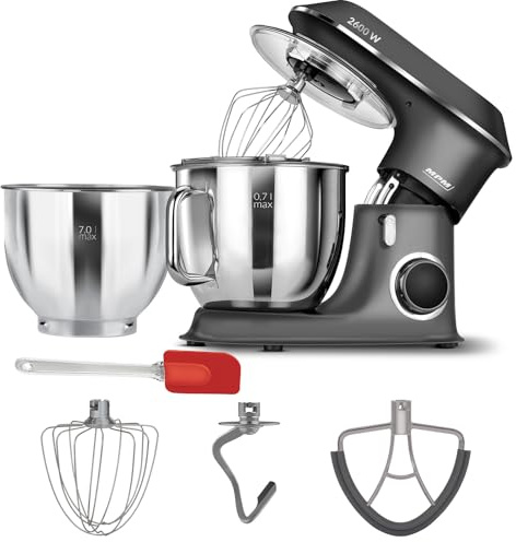 MPM Robot de cocina planetario con accesorios, batidora de cocina con dos cuencos de 7L, Robot de cocina, 2600W, Antracita