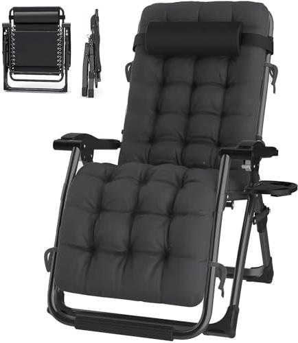 ONKBOITE Sedia a Sdraio Pieghevole da Giardino, Nessuna Installazione, con Supporto per Bevande, Sdraio Relax con Cuscino, Traspirante, per Patio, Giardino, Sedie da Campeggio (Nero, 65cm)