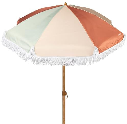 AKTIVE Ombrellone da spiaggia 200 cm, multicolore con frangia, 8 aste, protezione UV30, poliestere, manico in alluminio effetto legno 28/32 mm, con custodia per il trasporto con maniglia a spalla