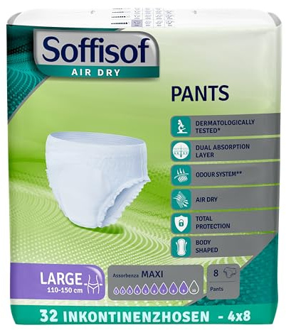 Soffisof Air Dry Pants Maxi L - 32x Pannoloni per Anziani a Mutandina - 4 Confezioni da 8 Pannoloni Notte Super Assorbenti Donna e Uomo - Pants Adulti 9 Gocce - Large (110-150 cm)