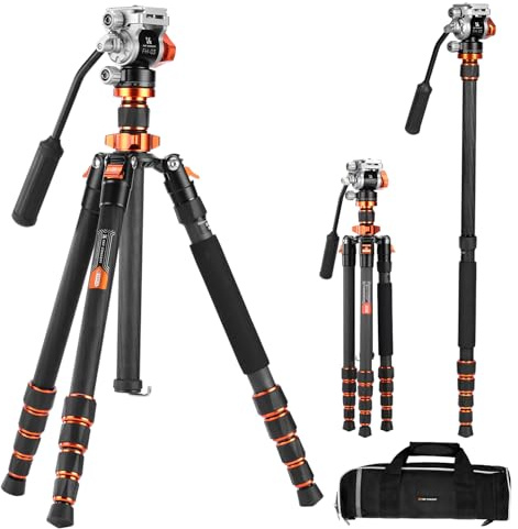 K&F CONCEPT 173cm Carbon Stativ,Videostativ Video Tripod mit Fluidkopf, Kompaktes Kamera Stativ mit Einbeinstativ, Reisestativ für unterwegs O255C4+FH-03