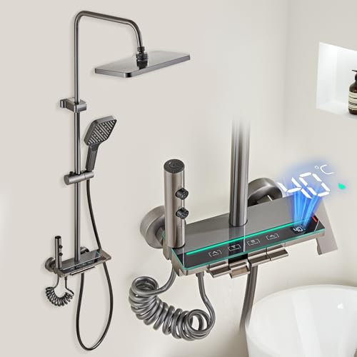 Umisu Colonna Doccia LED con Schermo Digitale e Display dell’Ora, Sistema Doccia con Rubinetteria Regolabile in Altezza, 4 Funzioni con Doccetta Igienica e Pulsanti a Pianoforte Multicolori