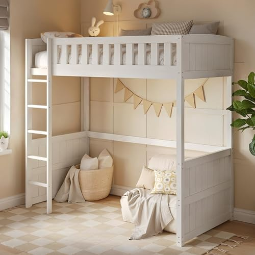 Flair Furnishings - Single High Sleeper Bed, Wooden High Sleeper Bed, Heavy Duty Solid Wood, Underbed Storage Space, Sleek and Stylish with Shaker-Style Panels (White)