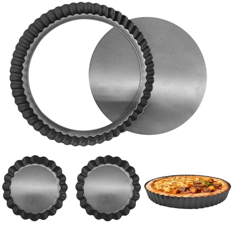 Wooview 3 Pcs Quiche Pan Set 22cm/8.7inch 10cm/4inch Non-Stick Quiche Dish Tart Tin Carbon Steel Flan Tin with Loose Base Pie Dish Round for Baking Quiches Tartes Cheese Apple Pie