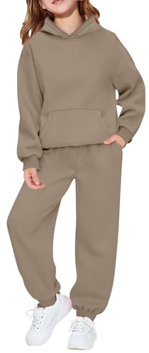 Kids Tracksuit Full Set for Boys Girls 2 Piece Sportwear Long Sleeve Oversized Hoodded Sweatshirts and Sweatpants Loose Tracksuit Bottoms Casual Jumper Gym Set Activewear (Coffee, 9-10 Years)