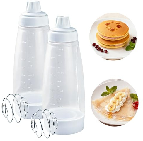 Pancake Batter Dispenser with Blender Balls,2 Pack Batter Mixer and Dispenser with Whisk Ball,Kitchen Pancake Shaker Batter Dispenser Bottle Baking Tool for Cupcakes, Muffins, Crepes, White