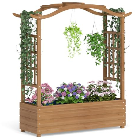 COSTWAY Jardinera Elevada con Enrejado, Jardinera de Madera Maciza con Techo Colgante, 2 Enrejados Laterales, Contenedor Elevado para Plantas de Jardín, para Plantas Trepadoras, 110 x 40 x 124 cm