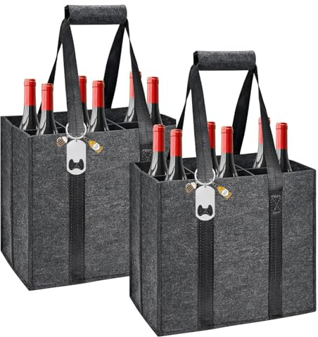 Kehigovi 2 Pezzi Porta Bottiglie Acqua 6 Bottiglie, Portabottiglie con Portachiavi Birra, Borsa Portabottiglie Pieghevole in Feltro, Borsa Uomo Birra, per Vino, Champagne, 27×27×18 cm (Grigio)