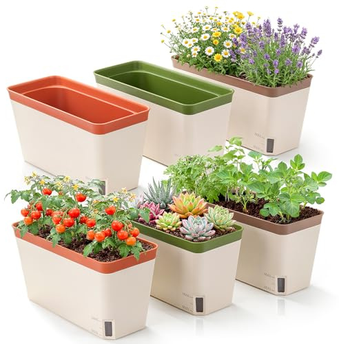 Fayavoo Herb Planter Set of 6, 10.5 Inch Plant Pots Outdoor/Indoor | Self Watering Plant Pots, Window Box Planter, Modern Design, Hidden Drainage Hole, Ideal for Herbs/ Patio/ Garden/ Windowsill