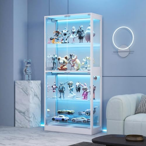 LUXOAK Glass Display Cabinets, 70 Extra Tall Display Case with 7 Color Lights and APP Control, Adjustable Shelves for Figures, Models & Collectibles, Easy Assembly, White