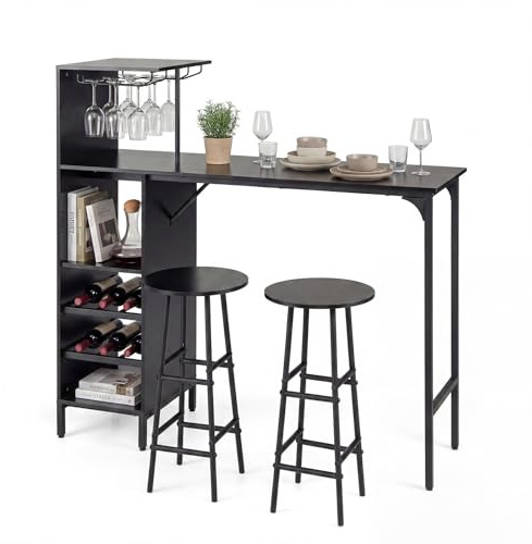 GIANTEX Barset 3 st soffbord och barstolar, frukostbord med pallar, fyrkantigt bistrobord 120 x 40 x 90 cm, 4 färger (svart)