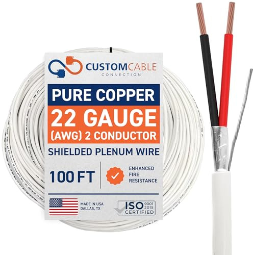 Custom Cable Connection 22 AWG 2 Conductor Stranded Shielded Plenum Cable White CL3P Jacket for Security/Alarm/Access Control/Sound - 100 Foot Roll in a Bag