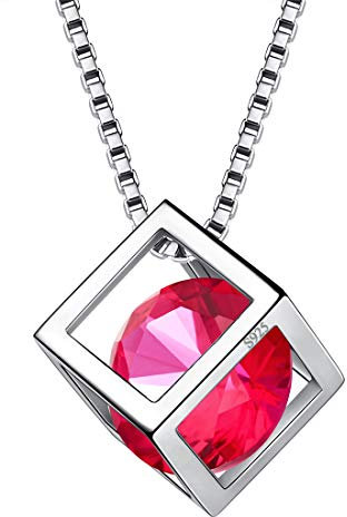 Aurora Tears July Birthstone Necklace 925 Sterling Silver Red Ruby Square Birth Stone Pendant Jewellery Gifts for Women and Girls DP0028R