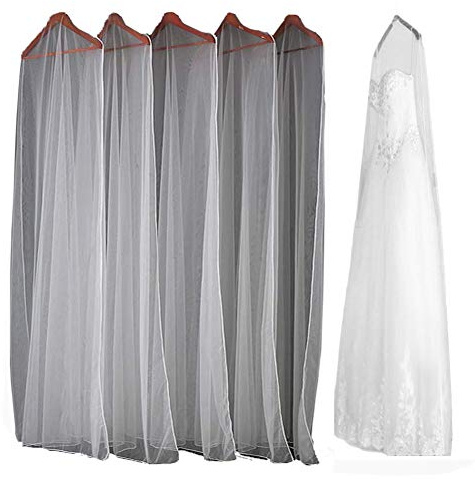 5pcs See Through Tulle Protector Case Pestproof Breathable Cover Washable Bags for Ladies Wedding Gown Dress Garment Long Clothes, 1.8m