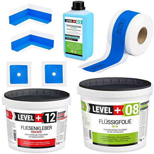 Kit d'étanchéité pour carrelage - 7 kg - Colle de carrelage - 5 kg - Fond de profondeur - 1 l - Bande d'étanchéité de 5 m - Intérieur x 2 - Manchettes murales - 2 douches - Pour salle de bain - SET502