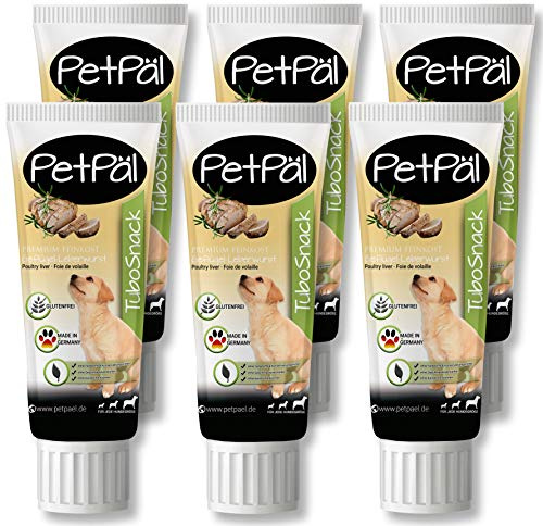 PetPäl Perros Salchicha Hígado Ave “TuboSnack“ 6X 75g - Sin Cereales, Sal, Azúcar - Sabrosas, deliciosas, sanas Naturales - Golosinas Tubo - Tratamiento Ideales para Cachorros - Fabricado en Alemania