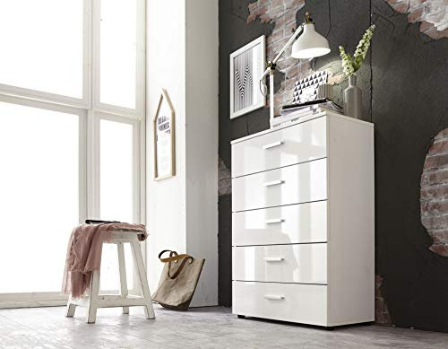 BMG Möbel Schubladen Kommode Sideboard Anrichte Marbella in Hochglanz Weiß - Höhe 91cm, Breite 65cm, Tiefe 32cm … (Tower 5 Schubkästen)
