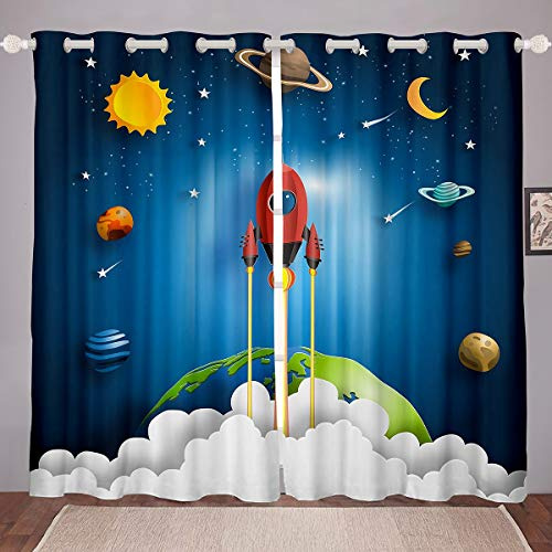 Tbrand - Tende astronauta a razzo blu astronauta per camera da letto, soggiorno, per bambini, ragazzi, ragazze, finestre a fumetti, tende spaziali, stampa razzo, W46 x L54