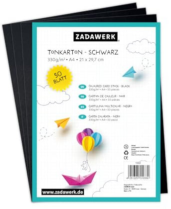 ZADAWERK® Tonkarton - 330 g/m² - DIN A4 - Schwarz - 50 Blatt - Bastelkarton - farbige Pappbögen zum Basteln - Tonzeichenpapier dick - 29,7x21 cm groß
