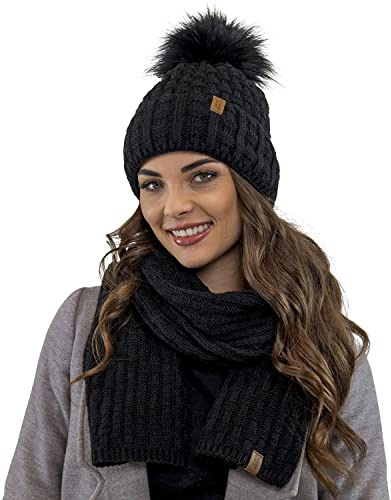 VIVISENCE Femme Bonnet Et Écharpe pour L'automne Et l'hiver À Pompon Chauds Doublés De Polaire Anti-Statique Idéal pour Les Hommes Élégants Parfait pour Froides Journées 7015Kmpl, Noir,Taille Unique