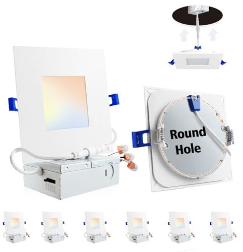 Adetu 4 inch Square Led Recessed Lighting,6 Pack 5CCT Ultra Thin Square Led Ceiling Light with Junction Box,10W 860LM,CRI90,2700K-5000K Selectable,Dimmable Canless Downlight,ETL and Energy Star