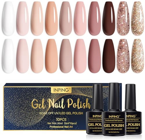 INPING UV-nagellack, 10 färger naken glitter vit mörkbrun gelset, gellack blötläggning UV nagellack set för nybörjare gör-det-själv nagelkonst hemma, 8 ml