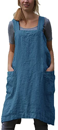 Amlztr Women's Pinafore Apron Cross Back Apron with Pockets Cotton Linen Apron Dress Plus Size