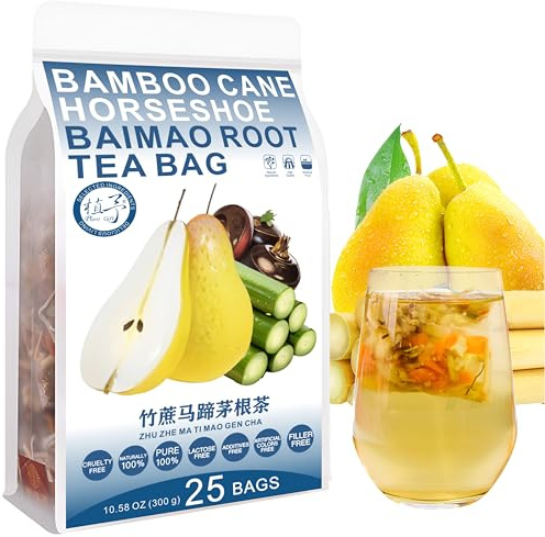 Plant Gift Bamboo Cane Horseshoe Baimao Root Tea Bag 10.58oz (12g*25bags) Carrot, Chinese Pure Natural, Health Care Mixed Tea, Combination of Floral Tea 300g 竹蔗马蹄茅根茶